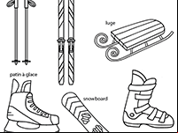 Imagier lié au vocabulaire des activités en hiver : ski, hockey sur glace, luge, snowboard