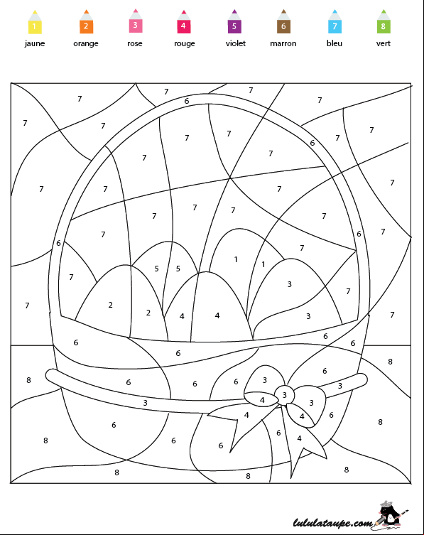 Coloriage magique gratuit, un panier d'œufs de Pâques