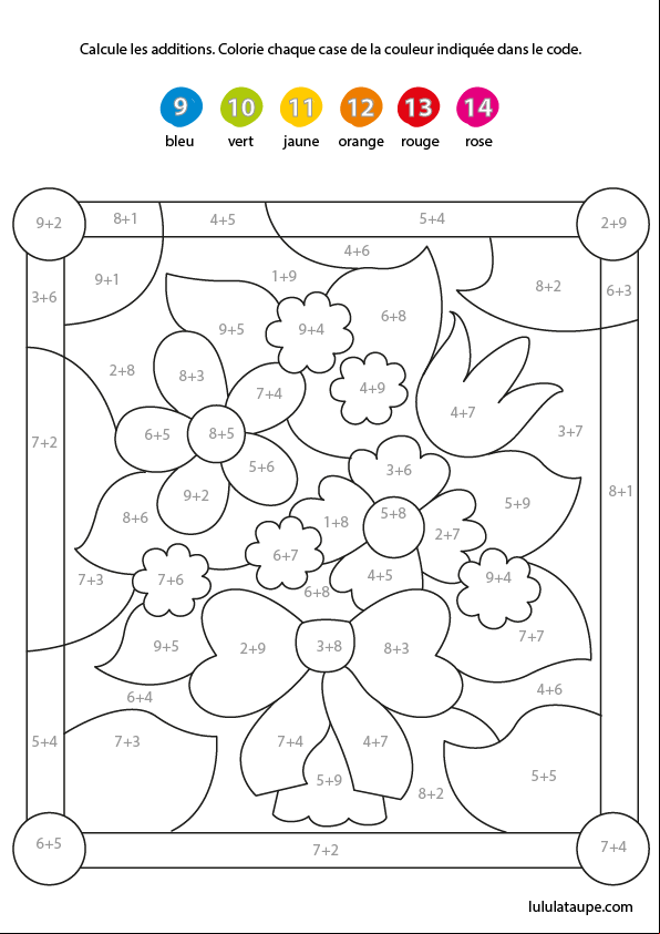 Coloriage magique gratuit, additions, résultat de 9 à 14