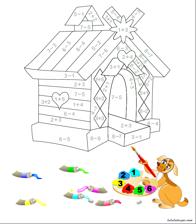 Coloriage codés pour apprendre à réaliser des petites additions et soustractions, résultats de 1 à 6