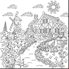 Dessin à colorier, une maison de campagne, moulin à vent, un puits