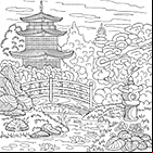 Coloriage antistress pour adultes ou enfants à imprimer, un temple d'Extrême -Orient