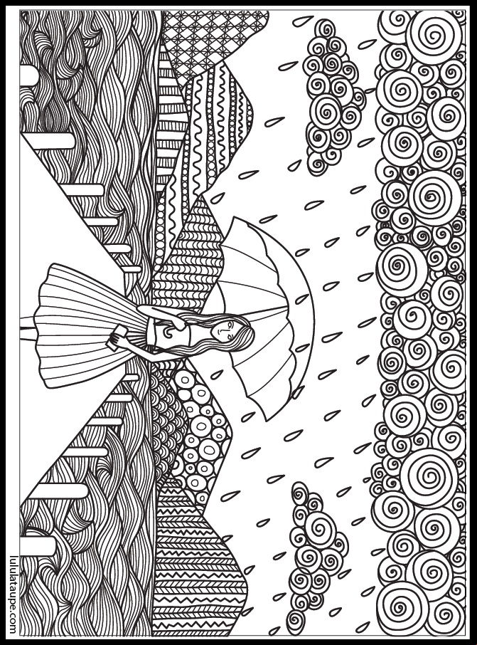 Coloriage abstrait pour adulte, une fille sous la pluie