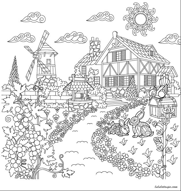 Coloriage pour adultes, une maison, un moulin, un puits