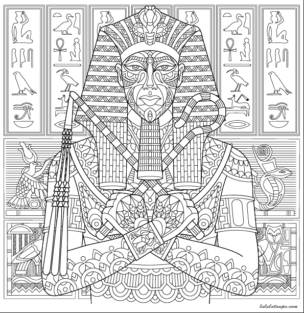 Coloriage d'un pharaon égyptien et de hyéroglyphes