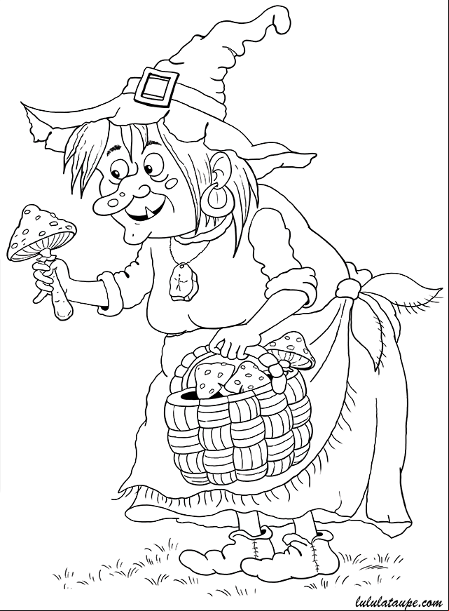 Dessin gratuit à colorier : la sorcière cueille des champignons