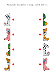 Exercice à imprimer, maternelle. Relier les images coupées