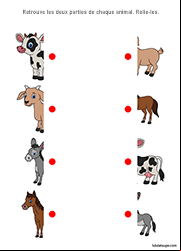 Exercice à imprimer, maternelle. Relier les deux parties de chaque animal