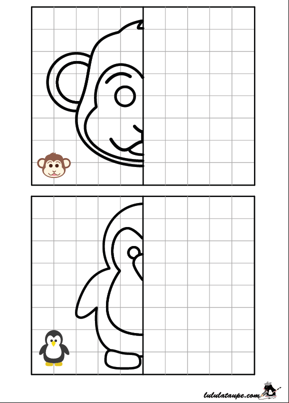 Jeu à imprimer, reproduire un dessin sur quadrillage, une singe, un manchot