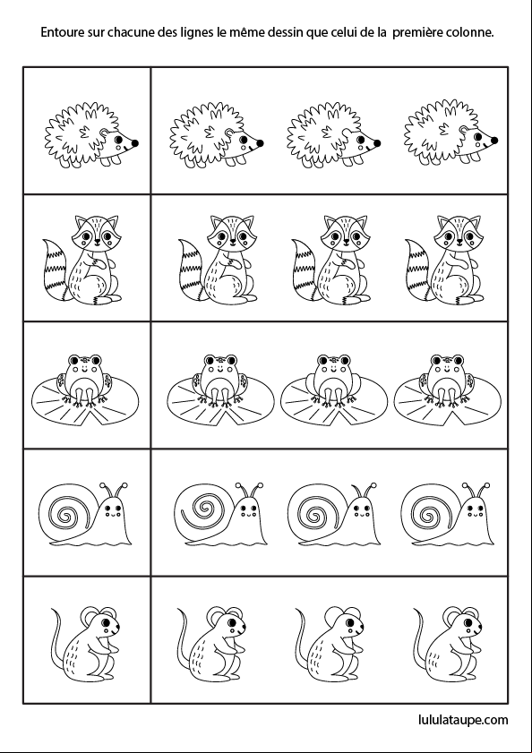 Jeu à imprimer, maternelle, trouver les couples de dessins identiques
