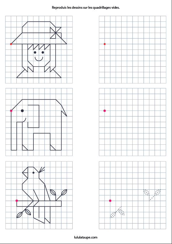 Reproduire un dessin sur un quadrillage en maternelle ou , fille, éléphant et perroquet